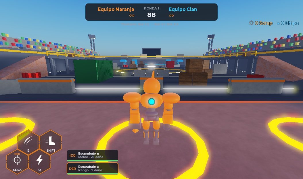 Captura de CoreBots Arena: robot naranja en el coliseo al inicio de la ronda