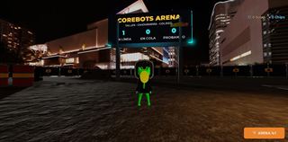 Lobby nocturno con el letrero de CoreBots Arena